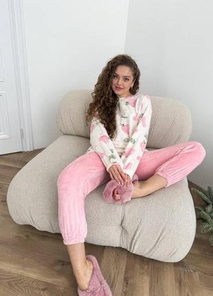 Невероятная пижамка 💗 розовая пижама с персиками 💗 махровая пижама 💗 одежда для дома3 фото