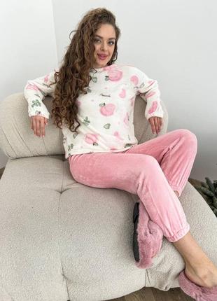 Невероятная пижамка 💗 розовая пижама с персиками 💗 махровая пижама 💗 одежда для дома4 фото
