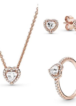 Пандора комплект розовое золото ожерелье кольцо серьги сердечки новый серебряный набор украшений