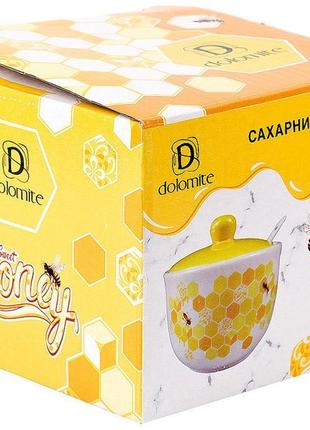 Керамическая сахарница с керамической ложкой "sweet honey" 450мл, белая с желтым2 фото