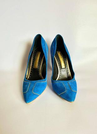 Туфли лодочки натуральные замшевые кожаные с острым носком синие купить цена6 фото
