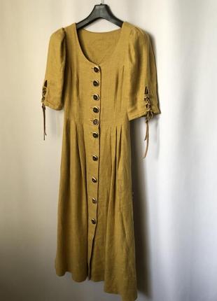 Баварское платье макси льняное горчичное на пуговицах октоберфест винтаж9 фото