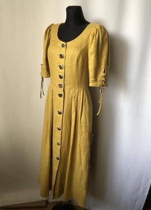 Баварское платье макси льняное горчичное на пуговицах октоберфест винтаж10 фото