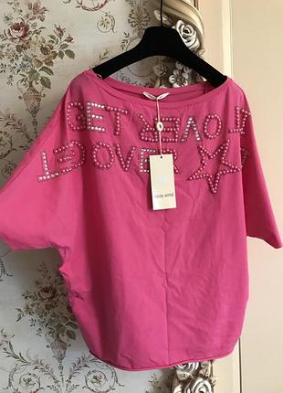 Футболка женская розоваяс камнями и жемчугом турция, l
