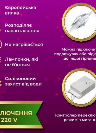 Гірлянда водоспад 3х2 м 210 led (480 l) лампочок світлодіодна прозорий дріт 10 ниток 8 режимів4 фото