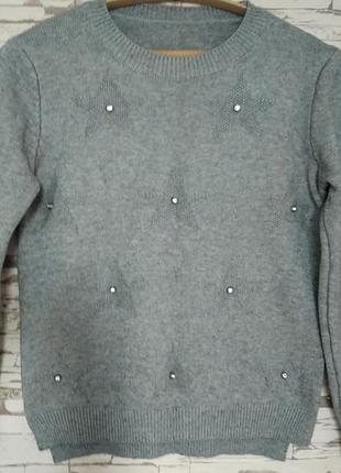 Теплий жіночий светр сірий джемпер з брюліками m l