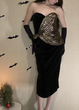 Винтажное черное платье бархат хлопок золото hamells винтаж ретро пен ап стиль2 фото
