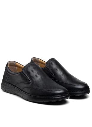 Туфли мужские черные кожаные с дырочками на плоской подошве 2676