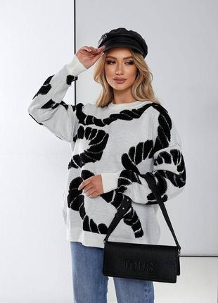 В'язаний светр оверсайз вільного крою подовжений кофта теплий стильний базовий принтований чорний сірий білий8 фото