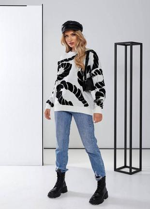 В'язаний светр оверсайз вільного крою подовжений кофта теплий стильний базовий принтований чорний сірий білий5 фото