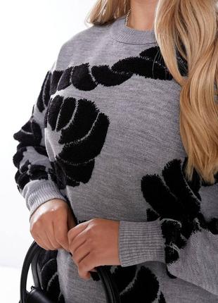 В'язаний светр оверсайз вільного крою подовжений кофта теплий стильний базовий принтований чорний сірий білий4 фото