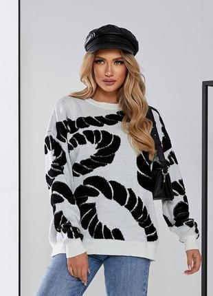 Вязаный свитер оверсайз свободного кроя удлиненный кофта теплый стильный базовый принтованный черный серый белый3 фото