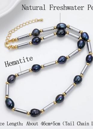 Мега-стильное ожерелье бусы чокер с натуральными жемчужинами и гематитом2 фото