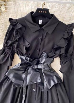 Черное платье рубашка с кожаным ремнем3 фото