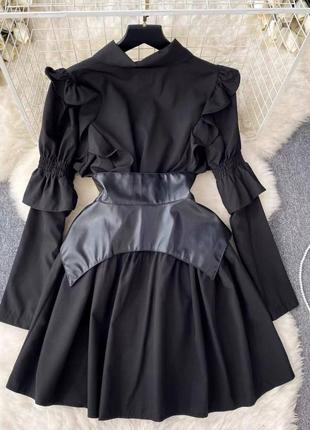 Черное платье рубашка с кожаным ремнем6 фото