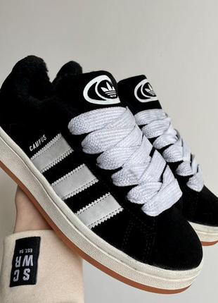 Женские кроссовки adidas campus black white winter мех