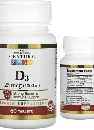 21st century вітамін d3 25 мкг 1000 мо 60 таблеток д3 натуральний для дорослих імунітету cen-28030