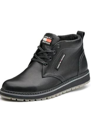 Зимові чоловічі черевики чорні, класичні з натуральної шкіри, мужские кожаные зимние ботинки tommy hilfiger