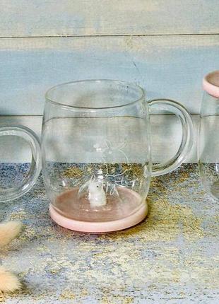 Чашка скляна з кришкою і декором "білий кролик", 5002 фото