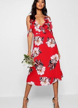 Сукня червона міді в квіти з відкритими плечима гарна сукня плаття сарафан червона 44 46 розпродаж2 фото