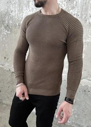 Стильный мужской трикотажный свитер рукава ребра н5062 какао гольф
