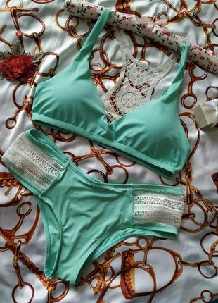 Ніжний роздільний купальник танк бірюзовий мереживо 👙💎