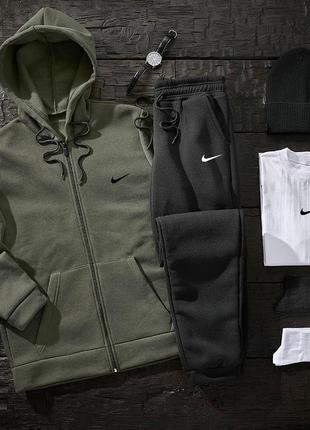 Чоловічий зимовий спортивний костюм nike набір 5в1 толстовка + штани + футболка + шапка хакі з капюшоном (b)