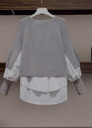 Новый нарядный женский свитер догслив джемпер свитшот туника обманка серая блуза рубаха белая