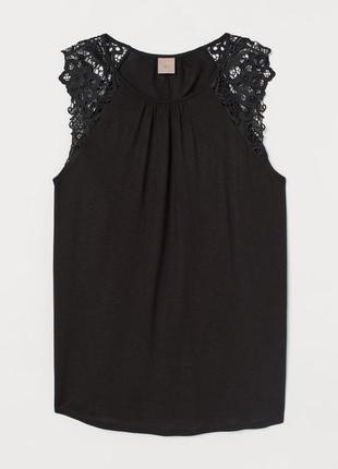 Чёрный кружевной топ h&m, футболка с кружевными плечами, майка нм
