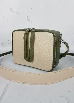 Сумка жіноча "квадро" натуральна шкіра, слонова кістка/хакі флотар