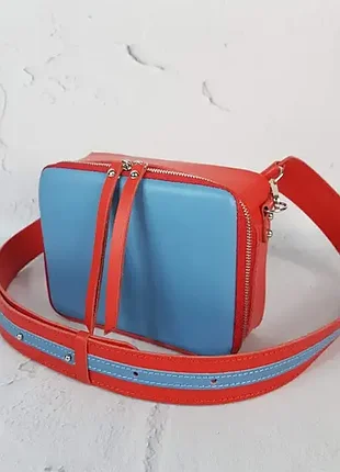 Сумка жіноча "квадро" натуральна шкіра, паприка / блакитна з широким ременем
