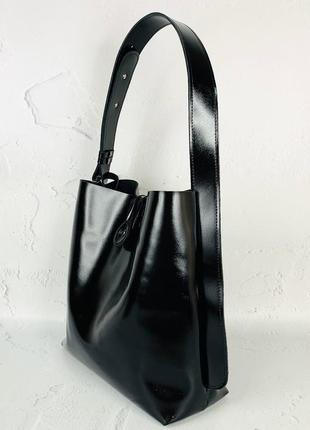 Сумка шоппер женская кожаная черная глянцевая 17573 фото