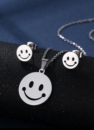 Медсталь набір смайлик сережки пусети підвіска медичне срібло купити медзолото набір біжутерії