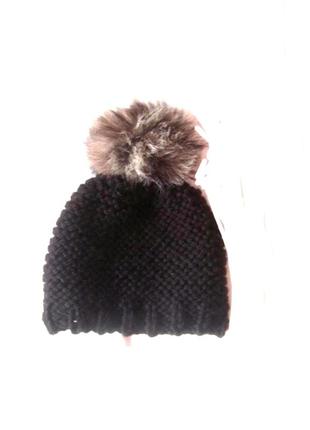 Шапка крупной вязки, помпон чернобурка