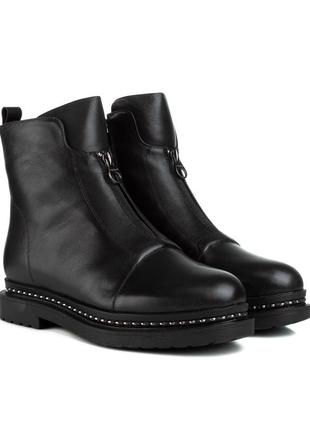 Ботинки женские кожаные зимние черные на платформе и низком каблуку на натуральном меху 1406ц