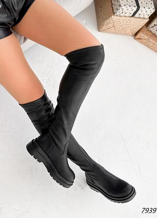 Модні чорні зимові жіночі ботфорти,чоботи високі,без підборів,шкіряні...