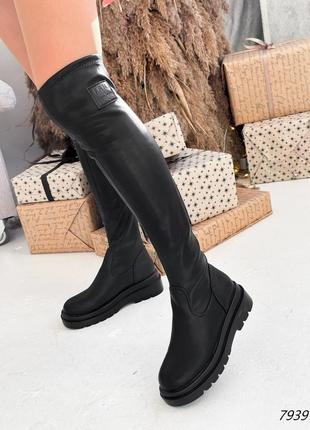 Модні чорні зимові жіночі ботфорти,чоботи високі,без підборів,шкіряні...
