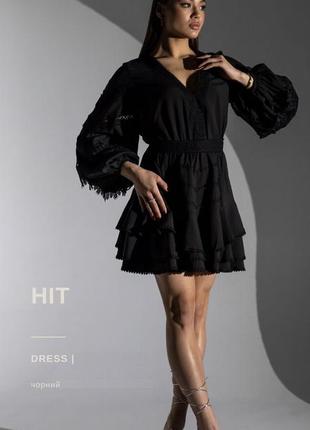 Плаття жіноче міні коротке ошатне, з мереживом, з довгим рукавом, чорне