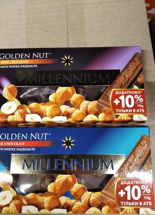 Шоколад "millenium", golden nut, черный, молочный, с целыми лесными орехами, 110.0 г.