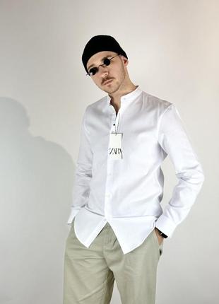 Zara белая рубашка на длинный рукав, без воротника. slim fit2 фото