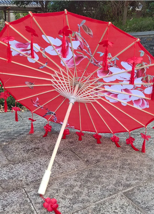 Японська парасолька нова червона бамбукова парасолька, для гейші, хаорі, кімоно, фотосета2 фото