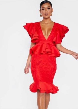 Красное платье миди с кружевными вставками😍3 фото