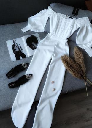 Новий жіночий шикарний білий корсетний комбінезон ромпер палаццо з корсетною основою
