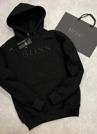 Стильное теплое мужское худи hugo boss черного цвета1 фото