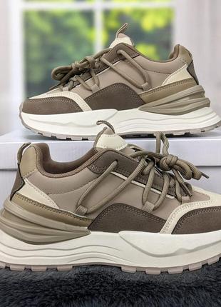Кроссовки женские демисезонные бежевые на объемной подошве swin shoes 43593 фото