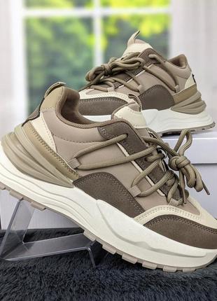 Кроссовки женские демисезонные бежевые на объемной подошве swin shoes 43594 фото