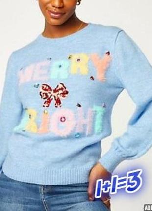 1+1=3 стильный нежно-голубой новогодний свитер оверсайз george, размер 48 - 502 фото