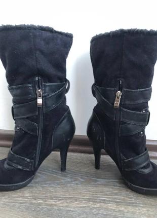 Черные зимние туфли centro сапожки на каблуке застежками теплые на шпильке с мехом3 фото