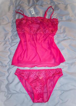 Малиновий неоновий комплект білизни s, xs sisi мереживо труси, майка