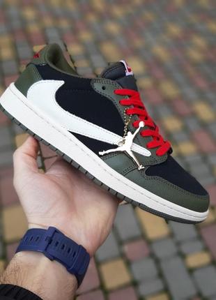 Круті чоловічі кросівки nike air jordan 1 low fragment design cactus jack black olive red хакі з чорним